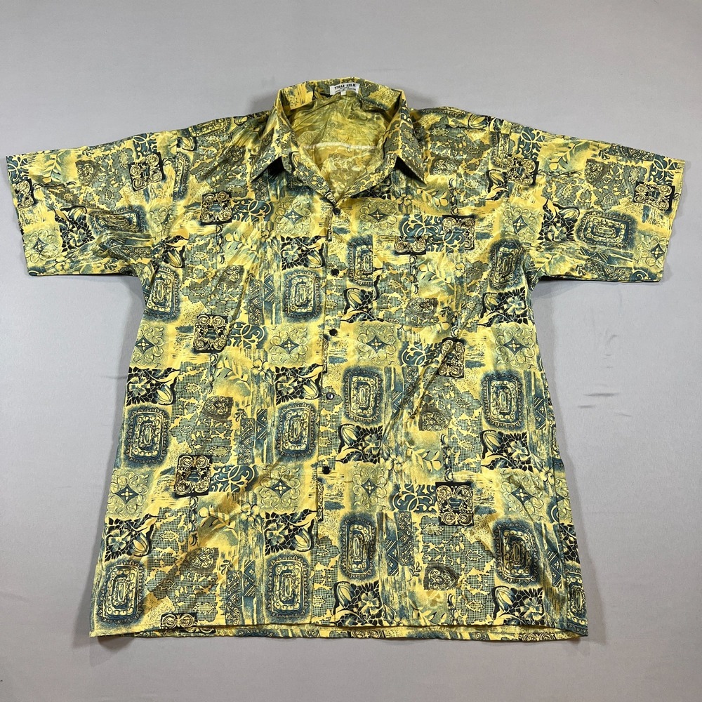 Thai Silk By Apple Hawaiian Shirt Men 3XL Yellow Blue Geometric Casual Button Up